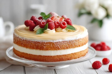 Delicious raspberry cream cake with fresh berries and mint leaves on a glass stand