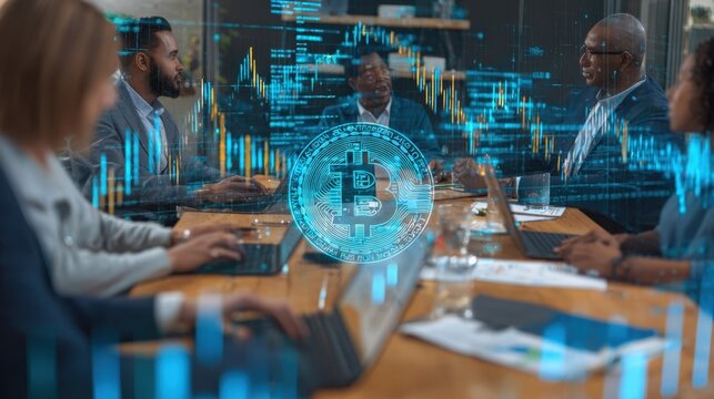 A team of diverse professionals collaborating around a table filled with laptops and cryptocurrency graphs emphasizing teamwork in decoding Bitcoin market trends and making informed