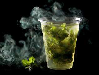 Herbal drink in transparent cup with vapor effects