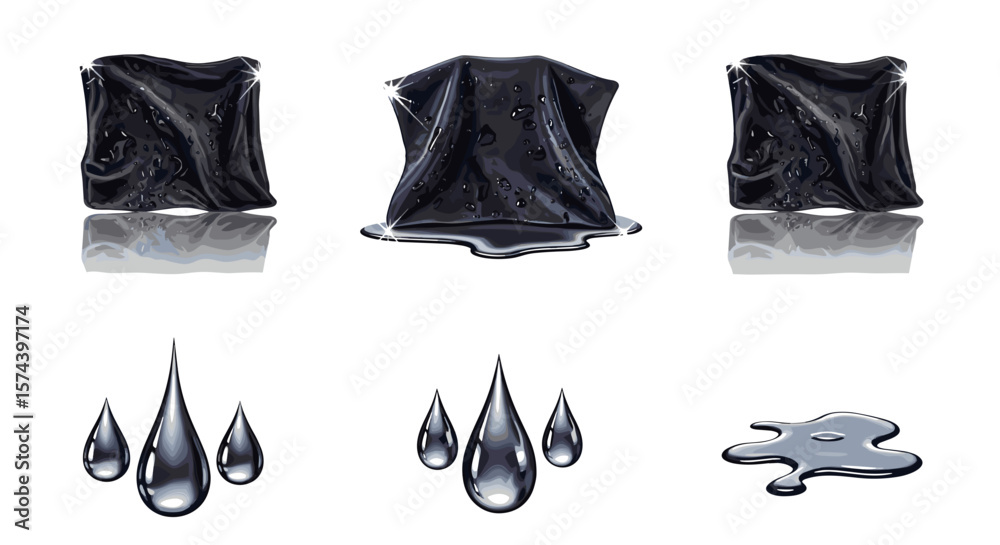Poster three covered objects with liquid and two sets of three droplets with a single puddle below them