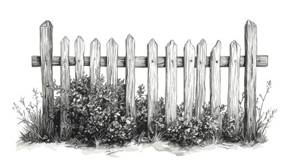 Vintage Engraved Wooden Fence with Bushes Illustration