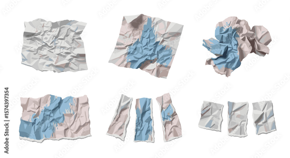 Poster collection of six crumpled paper sheets with varied shapes and color patterns displayed on white bac