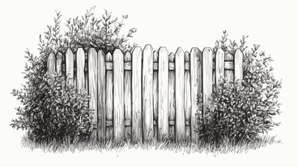 Vintage Engraved Wooden Fence with Bushes Illustration
