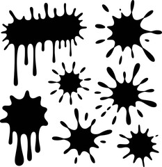 Black ink splashes and drips abstract graphic design elements splatter