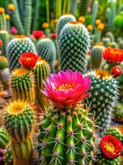 Fototapeta premium Prickly cactus plant with vibrant flowers and green leaves growing in a garden surrounded by other plants