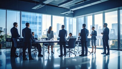 Business meeting overlooking cityscape