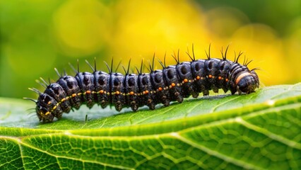 Fototapeta premium Active crawling black caterpillar on a leaf