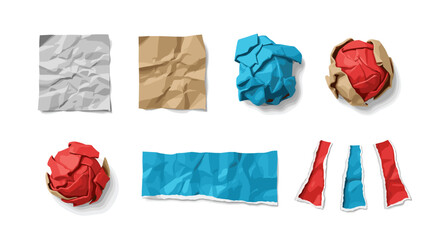Various crumpled and torn paper pieces in different colors including red blue brown and gray shades seen from above