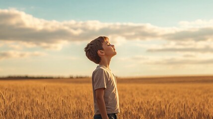 Boy breathing deeply while looking up in wheat field