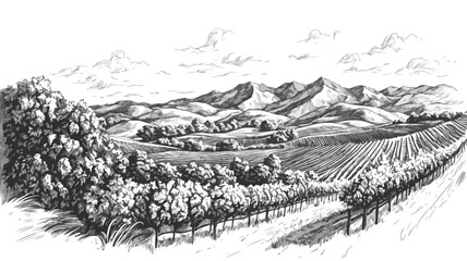 Vintage Vineyard Engraving with Rolling Hills - Scenic Landscape Artwork