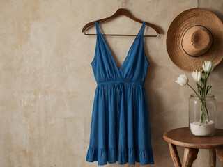 Blue sundress with white flowers and straw hat blue dress v-neck