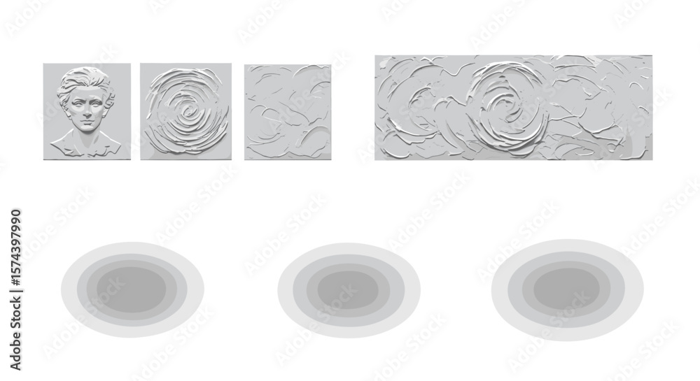 Poster white textured panels featuring a face and swirl patterns with three round shapes below them