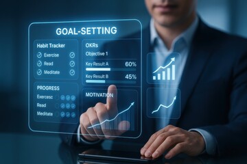 Businessman Using Futuristic Goal-Setting Interface with OKRs, Motivation Tracking, and Progress Analytics
