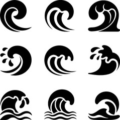 Black stylized ocean water waves cresting and splashing vector