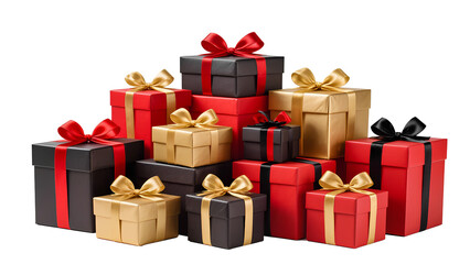 a large number of gift boxes of various sizes, neatly stacked on top of each other to form a festive composition. The boxes are made in three main colors: black, bright red and shiny gold. Each box is