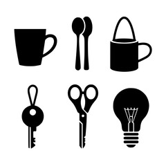 Silhouette Icons Collection: An artistic compilation of everyday objects in elegant black silhouette, from coffee cups to spoons, scissors, and key. Expressing simplicity and versatility. 