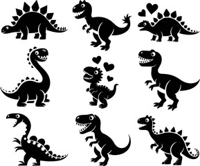 Collection of stylized black dinosaur illustrations with playful expressions and hearts