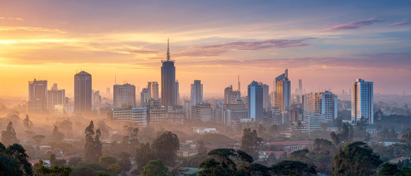Panoramic view of Nairobi's modern skyline at dawn, with skyscrapers rising above a misty cityscape bathed in warm hazy morning light. ai generative
