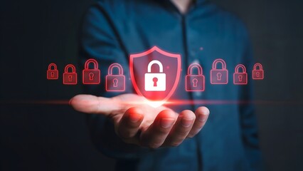 A hand displays digital security with shield and padlock icons, representing protection, privacy, and secure data management for online safety and cybersecurity solutions.