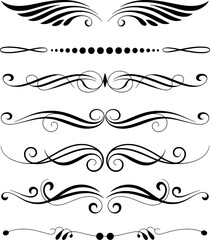 Elegant black ornamental dividers and flourishes with swirling patterns and dots white