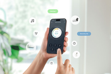 Smart home app with cooling control and security status displayed on mobile screen in natural...