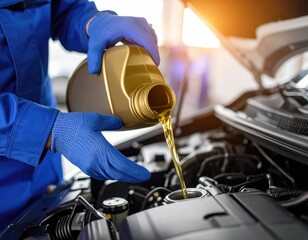 Mechanic pouring oil into car engine