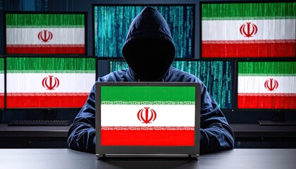 Hacker in dark room with Iranian flag