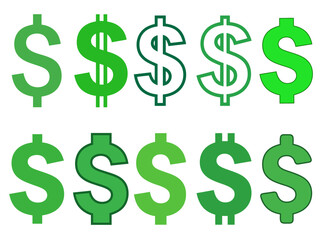 Diverse Green Dollar Sign Symbols Vector Illustration Set - Finance Money Graphic Elements