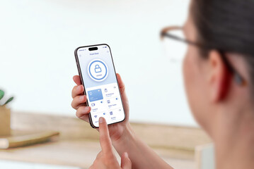 Woman using smartphone smart home app with door lock and device management functions