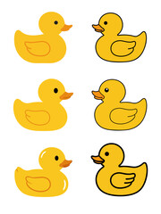Cute Rubber Ducklings Bath Toy Flat Design Vector Illustration Set - Childhood Play Graphic