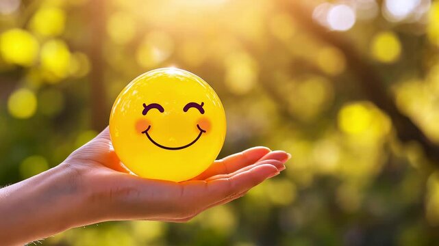 A person holds a yellow smiley ball in their hand while sunlight filters through green foliage in a natural outdoor setting