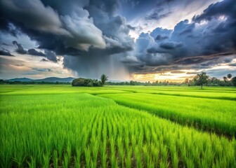 Obraz premium Dense green rice paddies under stormy sky with rain pouring down on them