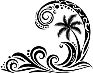 Tribal wave and palm tree design with swirling patterns and dots ocean