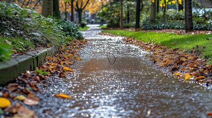 Wet Sidewalk Puddles Covered by Fallen Leaves Reflecting Sunlight in Autumn