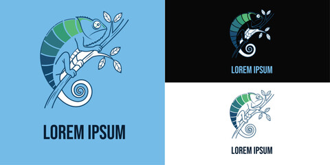 Vector art of a chameleon with blue and green tones perched on a branch, shown in a logo design on blue, black, and white backgrounds