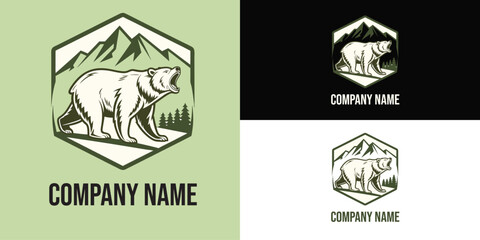 Vector art of a powerful grizzly bear stands tall against a backdrop of majestic mountains and pine trees, embodying the spirit of the wild © Unicorns