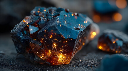 Orange and gray crystals glowing on obsidian in a dramatically lit environment