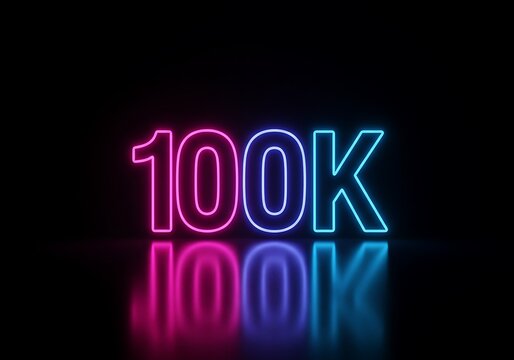 100k neon sign glowing with pink and blue lights