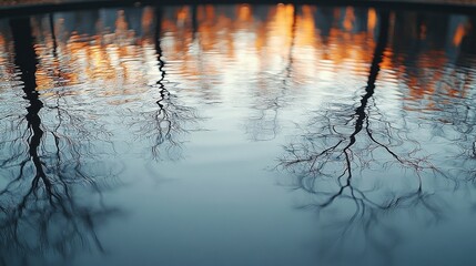 Silhouetted Trees Reflect on Still Water Surface at Sunset