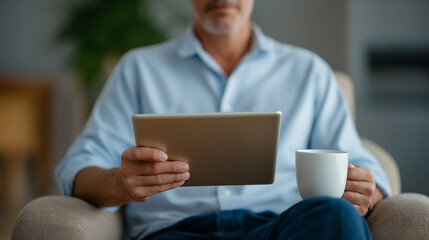 Cozy Home Workspace with Tablet and Mug for Relaxed Productivity