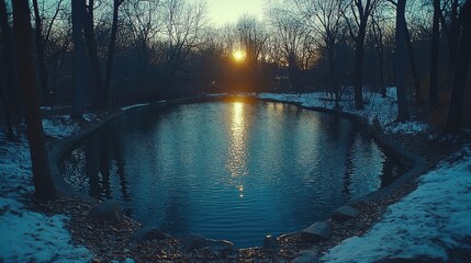 Sunset Reflection on Pond Water Surrounded by Snow Covered Trees
