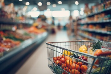 Fresh Produce in Shopping Cart Inside Modern Grocery Store Aisle