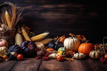 Festive autumn composition from pumpkins andcolorful leaves on a dark wooden background. Thanksgiving day.