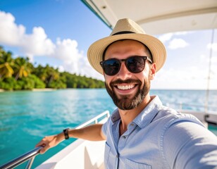 Man on boat selfie tropical paradise