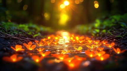 Glowing Lights Illuminate a Forest Path with Bokeh Effect
