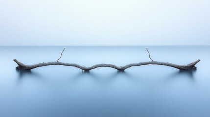 Driftwood Branch Lies Horizontally On Smooth Water Surface Under Sky