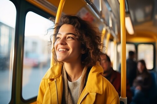 Happy female commuter enjoying her ride on a public transport bus, looking out the window with a cheerful expression