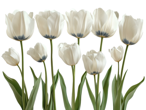 White tulips with delicate petals and green stems are arranged in row, showcasing their elegant beauty. flowers have subtle gradient at base of petals, adding depth to their appearance