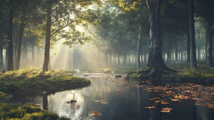 Sunlight Beams in Serene Forest River Landscape forest landscape river sunlight serene woods nature