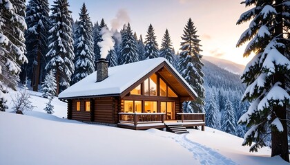Naklejka premium Snowy log cabin nestled in a winter forest (1)